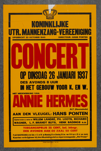 700060 Affiche van de Koninklijke Utrechtse Mannenzangvereniging met een concert met Hans Ponten aan de vleugel en met ...